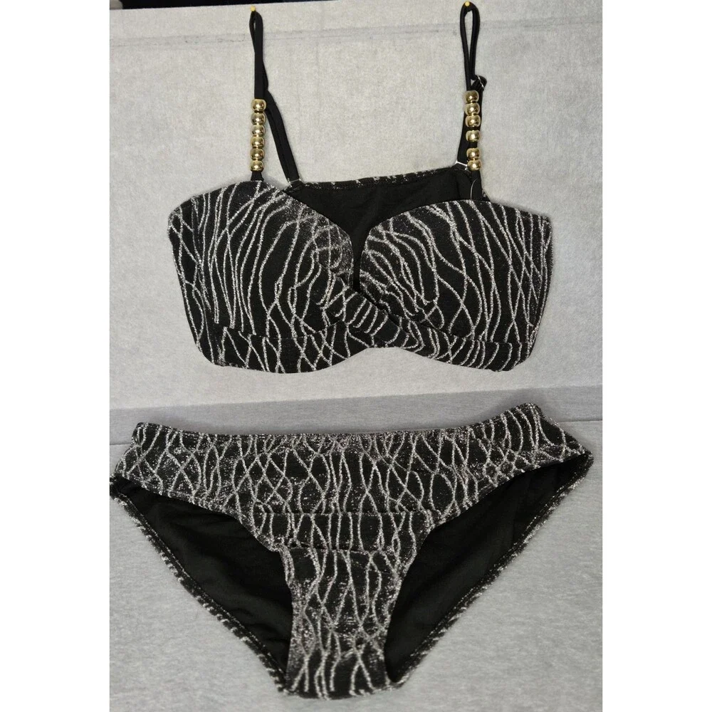 CUPSHE Black/Silver Metallic Bikini Sz XL Set Gold Beaded Straps 2 Pc Swimwear